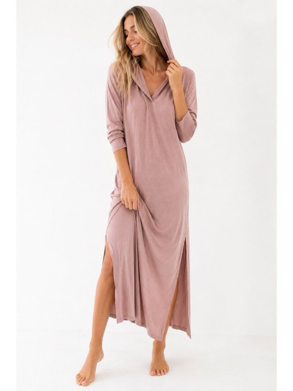 POUR LES FEMMES lounge dress hoodie pink SMALL bamboo travel resort minimalist